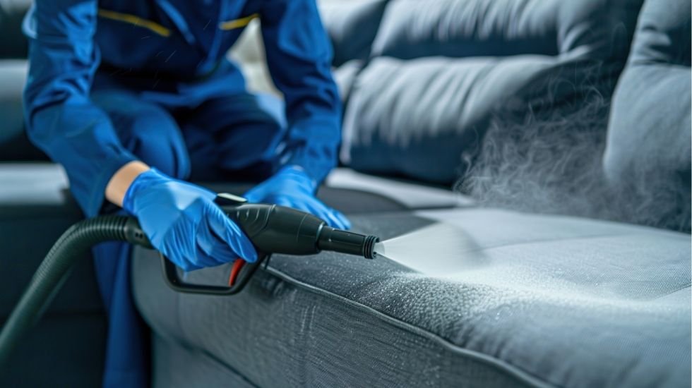 Professional using a steam cleaner on a fabric sofa, providing deep cleaning and sanitization, ideal for maintaining rental properties