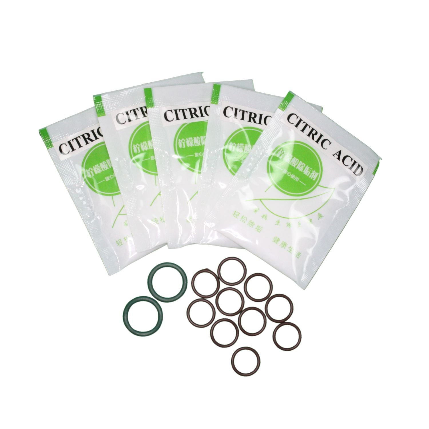 Aqua Pro Steamer's descaling kit featuring five citric acid sachets and multiple replacement O-rings.