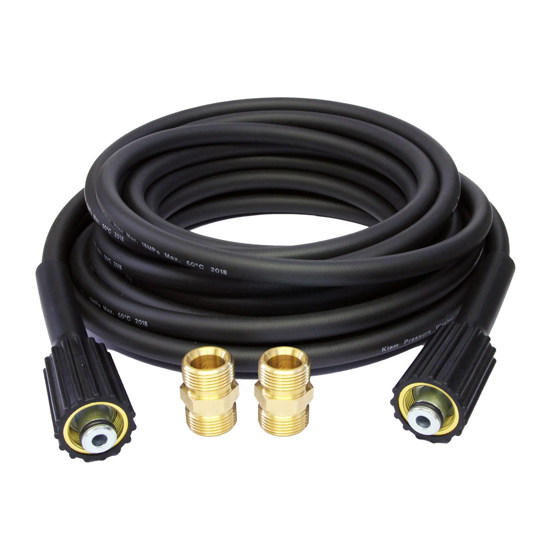 3000 PSI coiled black abrasion-resistant pressure washer hose with 1/4-inch M22 twist-on connectors.