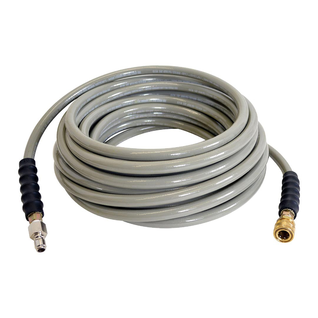 Grey 50-foot 3/8-inch pressure washer hose with brass fittings and protective rubber sleeves.