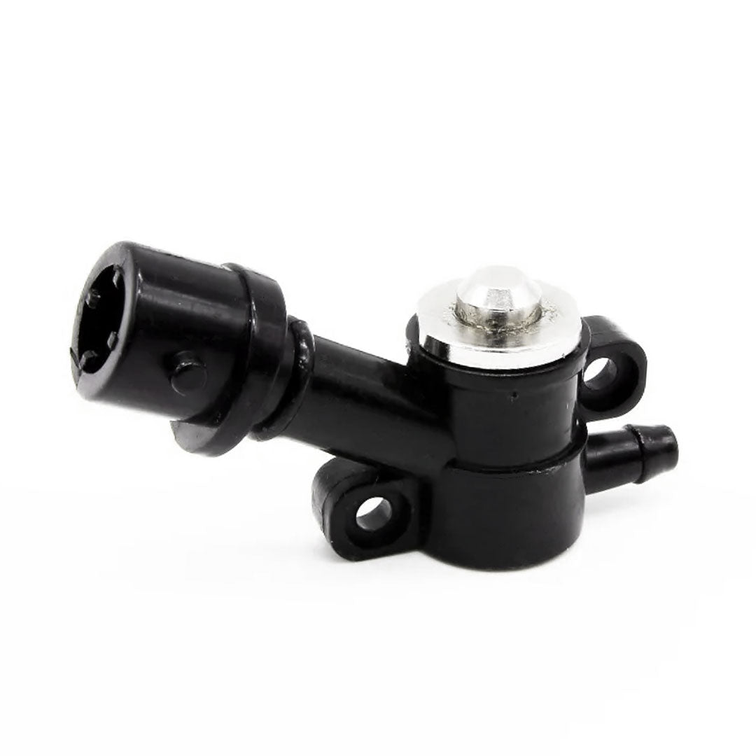 Front view of a black water flow trigger valve with a clear view of the attachment ports and central metallic adjustment knob.