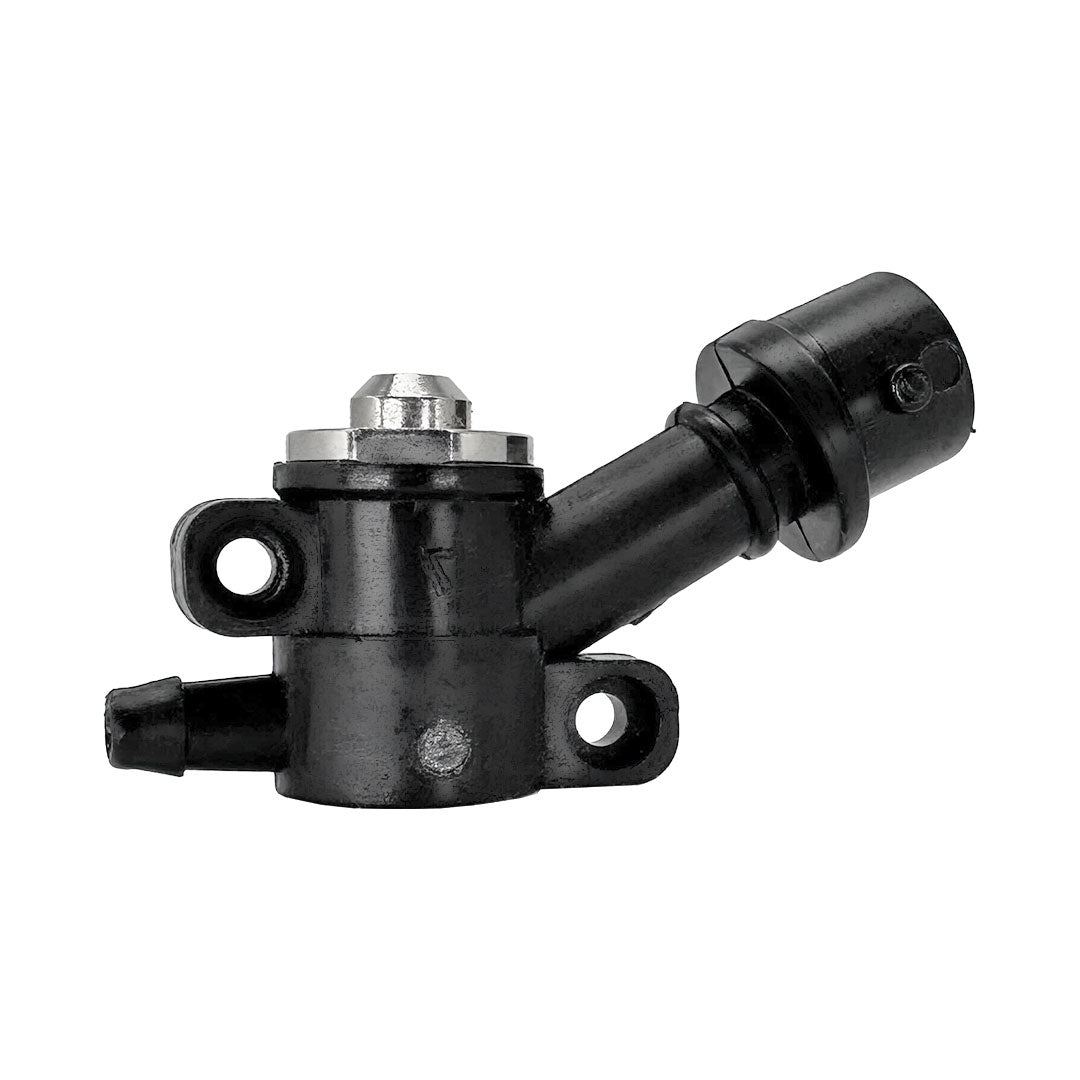 Side view of a black water flow trigger valve showing the metallic adjustment knob and multiple hose attachments.