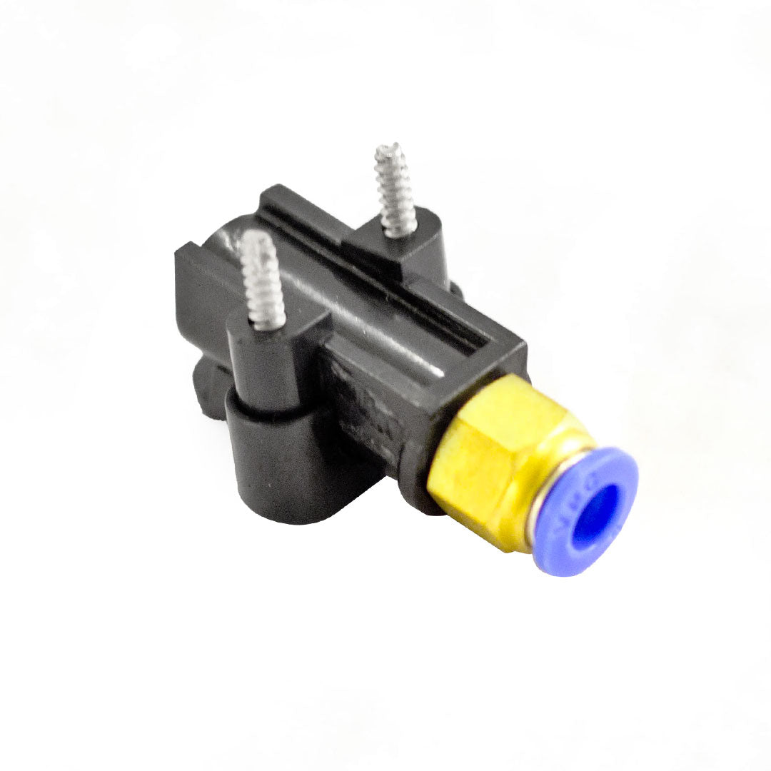 Front view of Aqua Pro Vac spray nozzle with brass connector and blue plastic fitting.