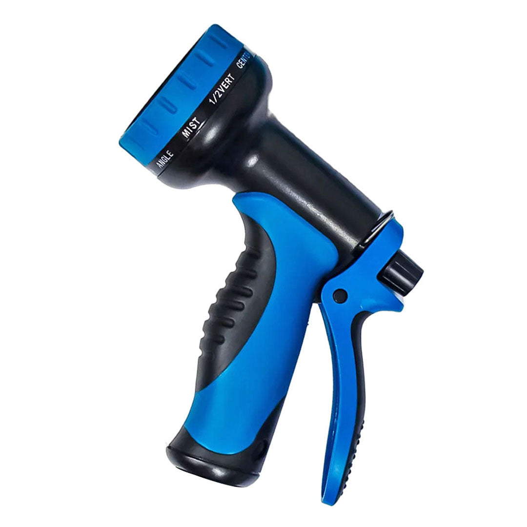 Side view of the adjustable spray gun featuring an ergonomic black and blue handle with a trigger and adjustable nozzle.