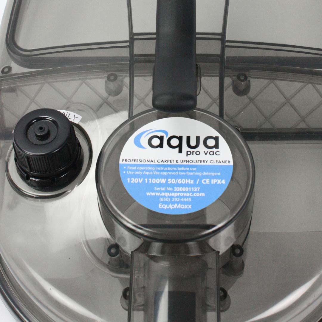 Top view of Aqua Pro Vac lid with brand label, handle, and screw-on cap for defoamer.