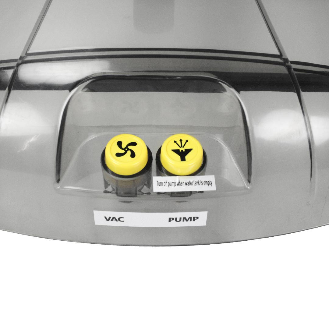 Detailed view of Aqua Pro Vac's yellow buttons labeled for vacuum and pump operations.