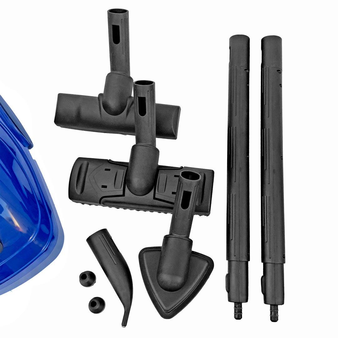 Aqua Pro Steamer accessories: triangle brush, floor brush, squeegee, round brush, jet nozzle, and extension rods included.