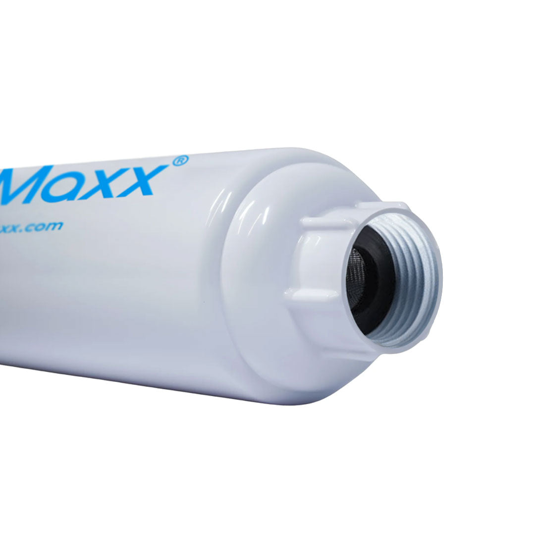 Detailed view of EquipMaxx inline filter featuring a built-in mesh screen for water filtration.