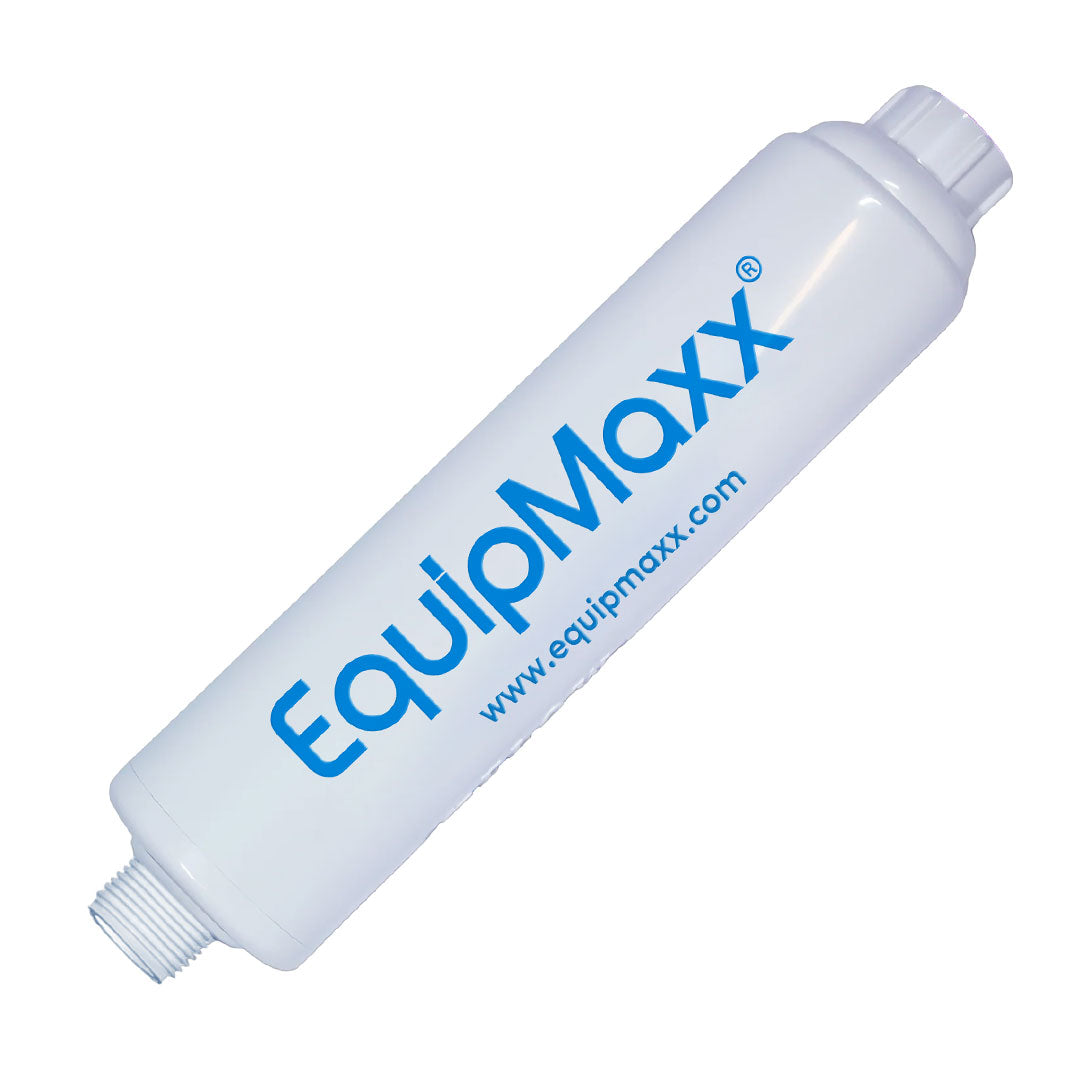 Inline water filter from EquipMaxx featuring a simple cylindrical white body with EquipMaxx logo.