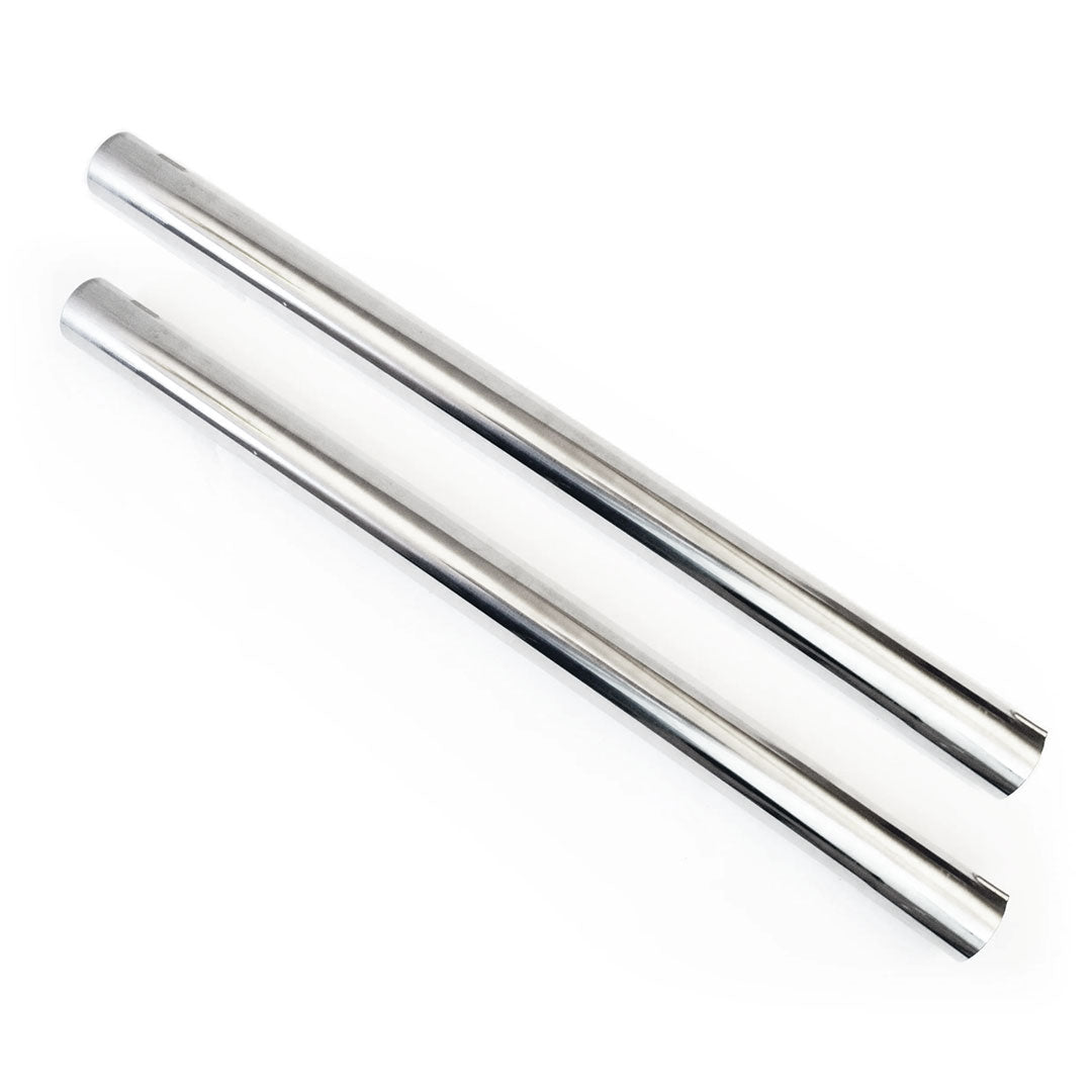Front view of two polished stainless steel extension pipes for Aqua Pro Vac.
