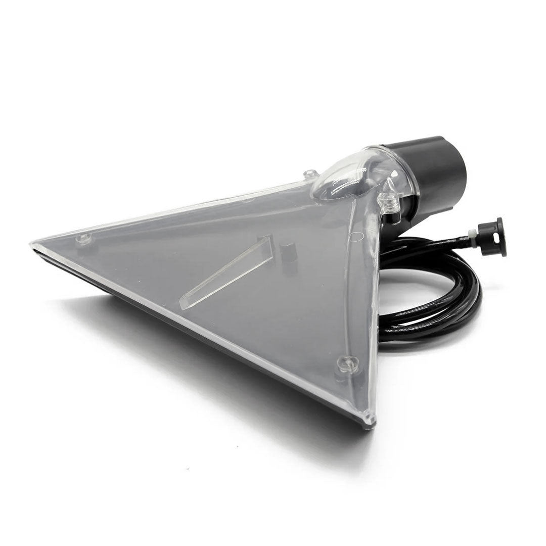 Front view of Aqua Pro Vac floor nozzle head with transparent triangular design and integrated spray nozzle.