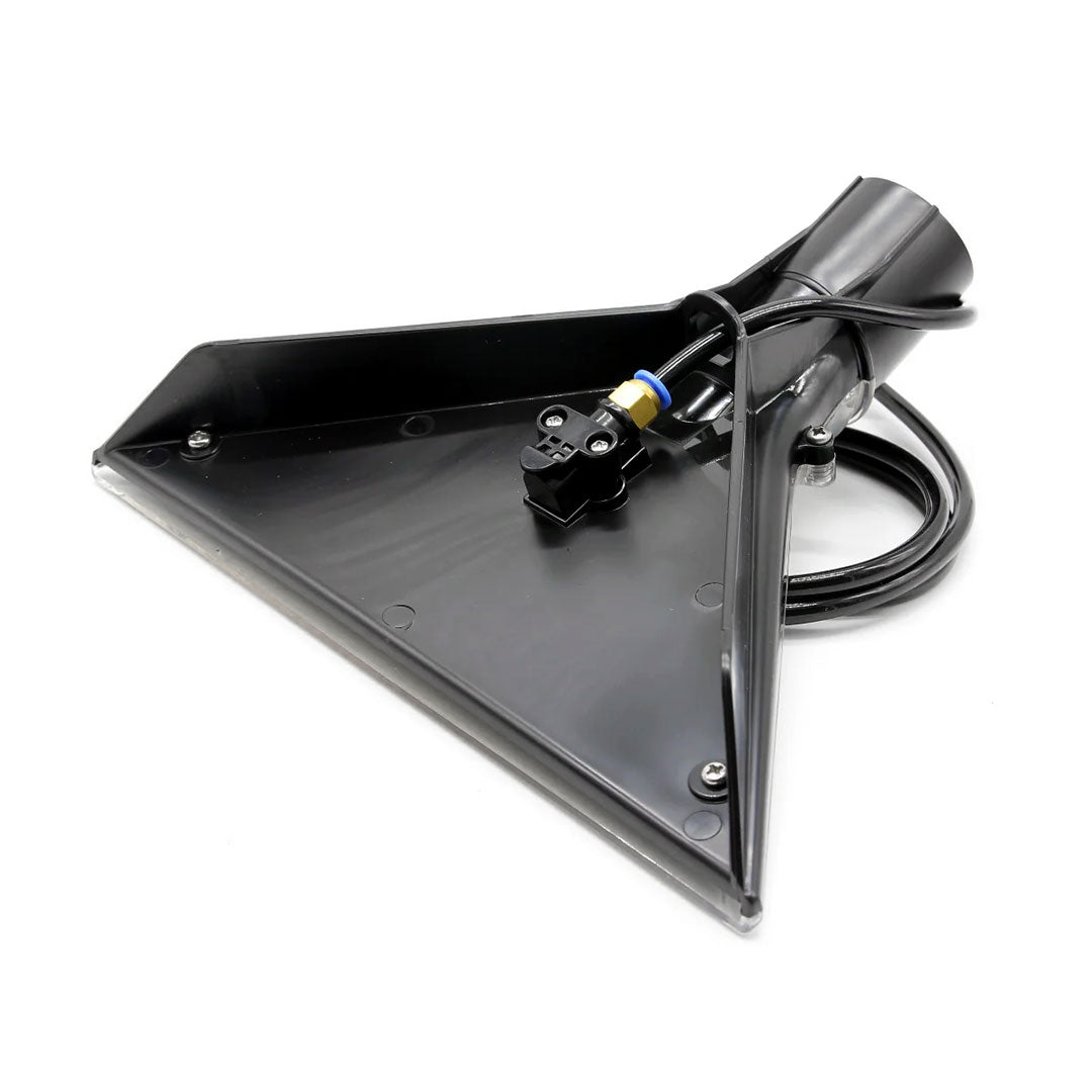 Rear view of black triangular floor cleaning nozzle attachment featuring a hose connection.