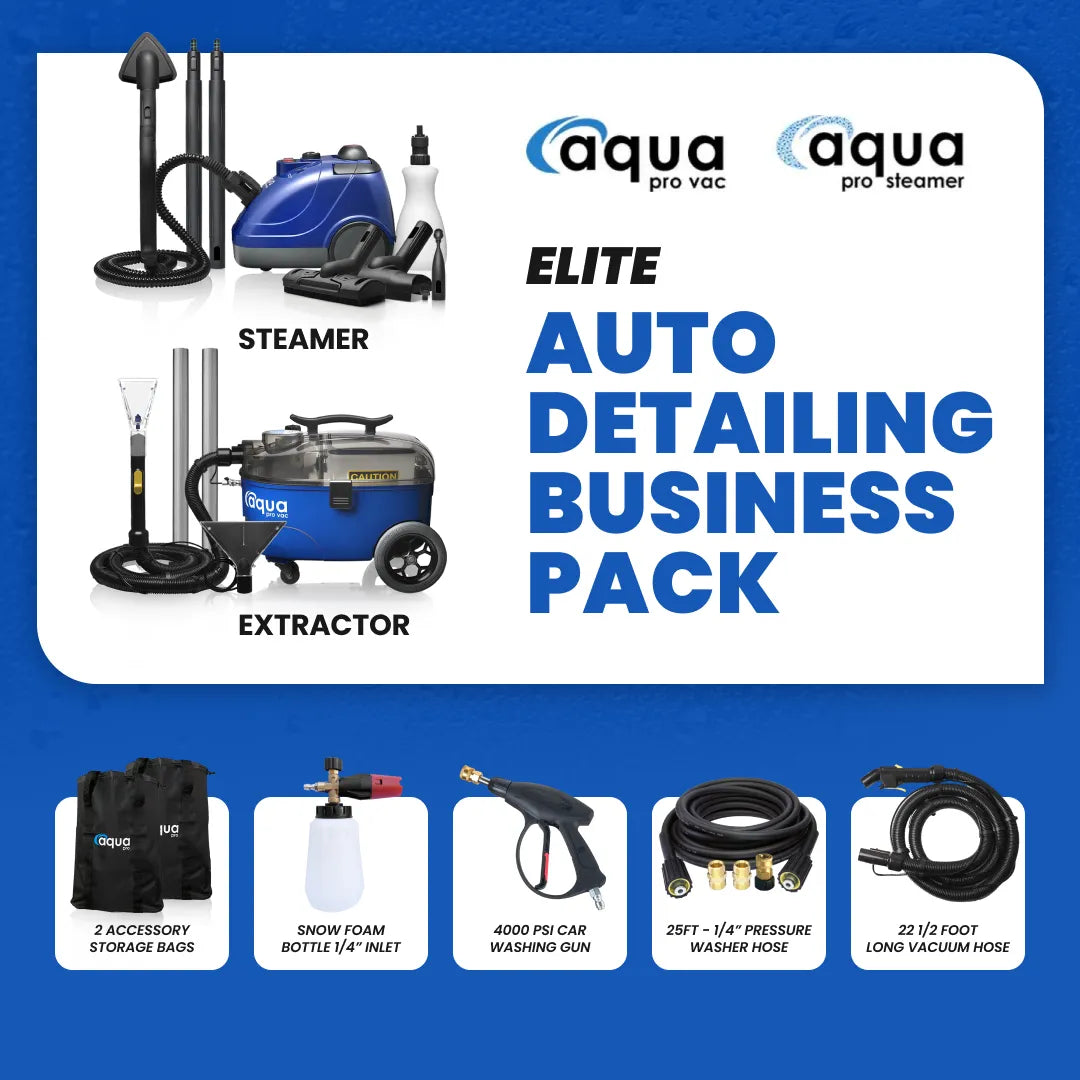 Aqua Pro Vac and Steamer Elite Auto Detailing Business Pack with Blue Steamer, Extractor, Snow Foam Bottle, and Pressure Washer Gun.