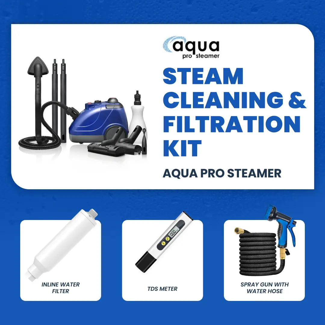 Aqua Pro Steamer with Water Filtration System — DI Inline Filter, Expandable Hose, Adjustable Sprayer, and TDS Meter