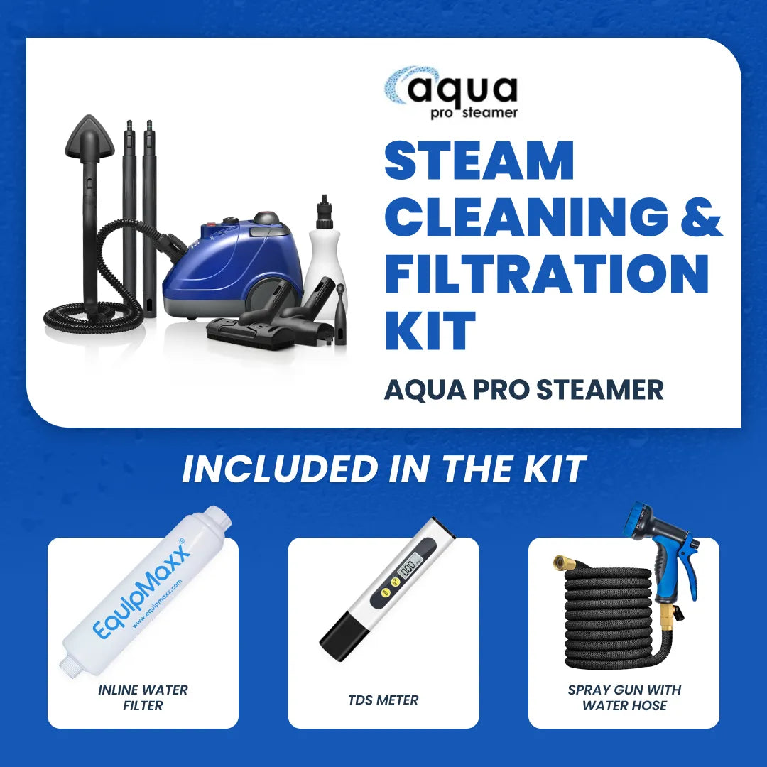 Aqua Pro Steamer with Water Filtration System — DI Inline Filter, Expandable Hose, Adjustable Sprayer, and TDS Meter