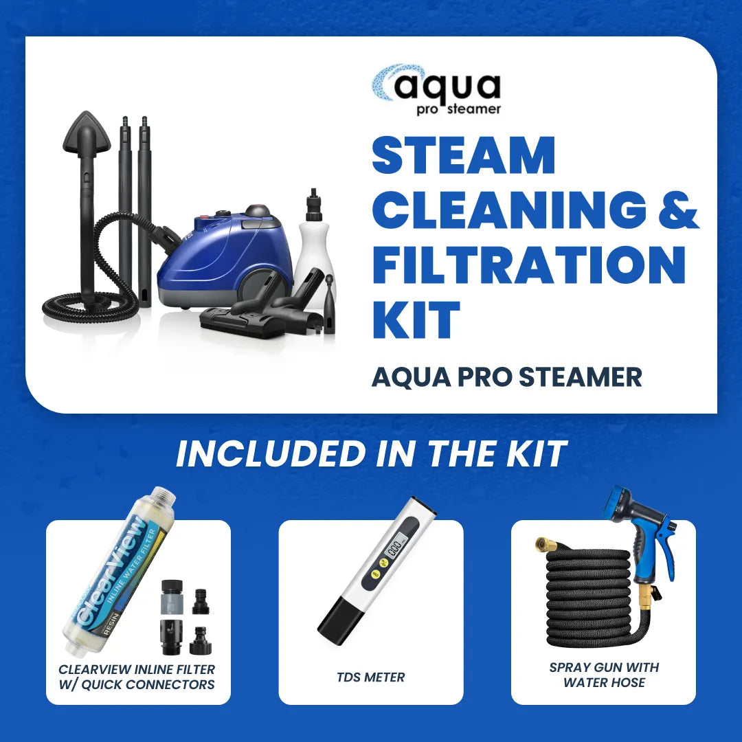 Aqua Pro Steamer with Water Filtration System — DI Inline Filter, Expandable Hose, Adjustable Sprayer, and TDS Meter