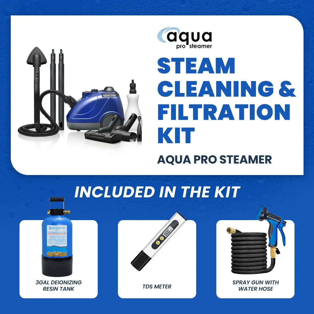 Aqua Pro Steamer with Advanced Pure Water System — 3 Gallon Deionizing Resin Tank, Sprayer, Hose, and TDS Meter