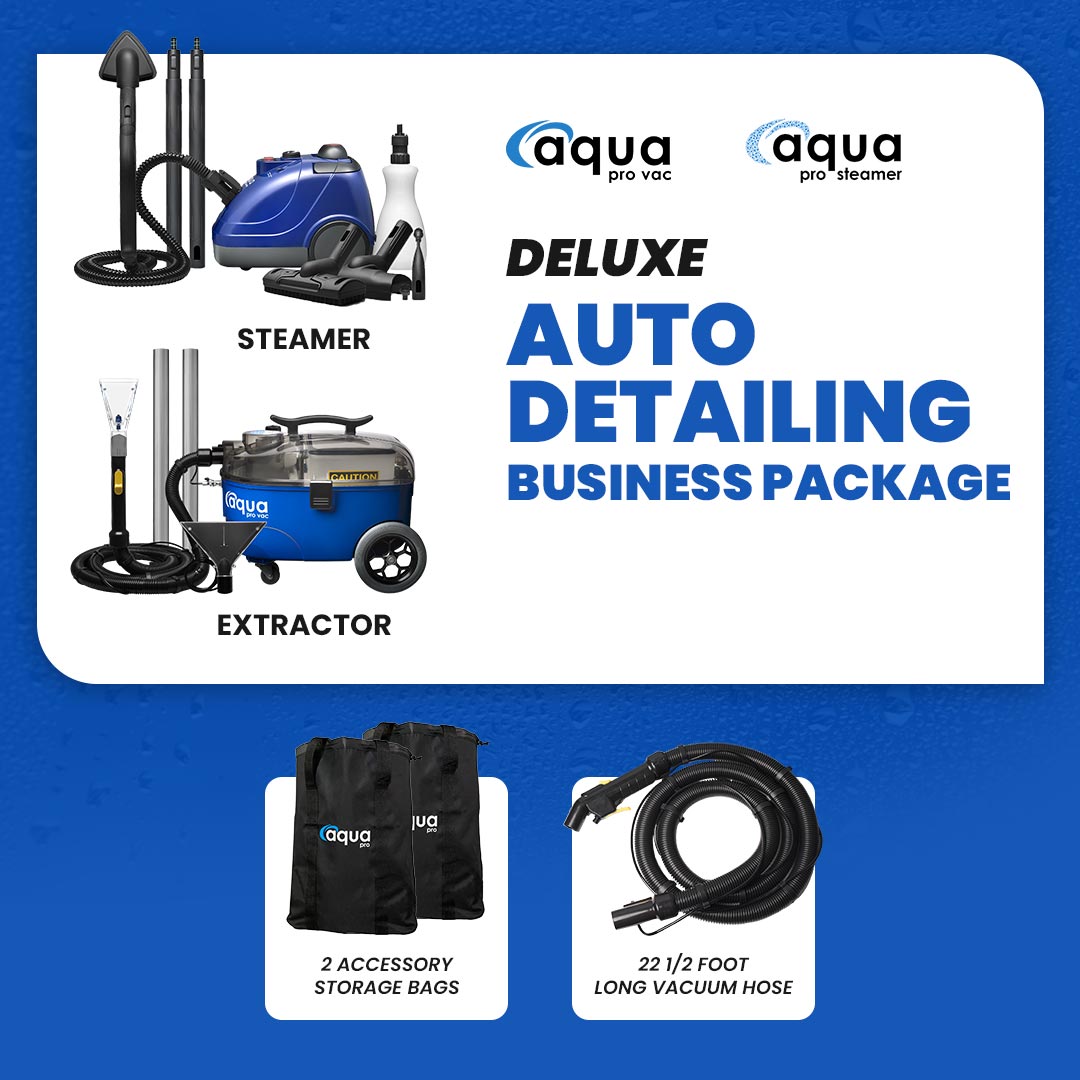 Deluxe auto detailing business package with steamer, extractor, two accessory bag and long vacuum hose by Aqua Pro Vac.