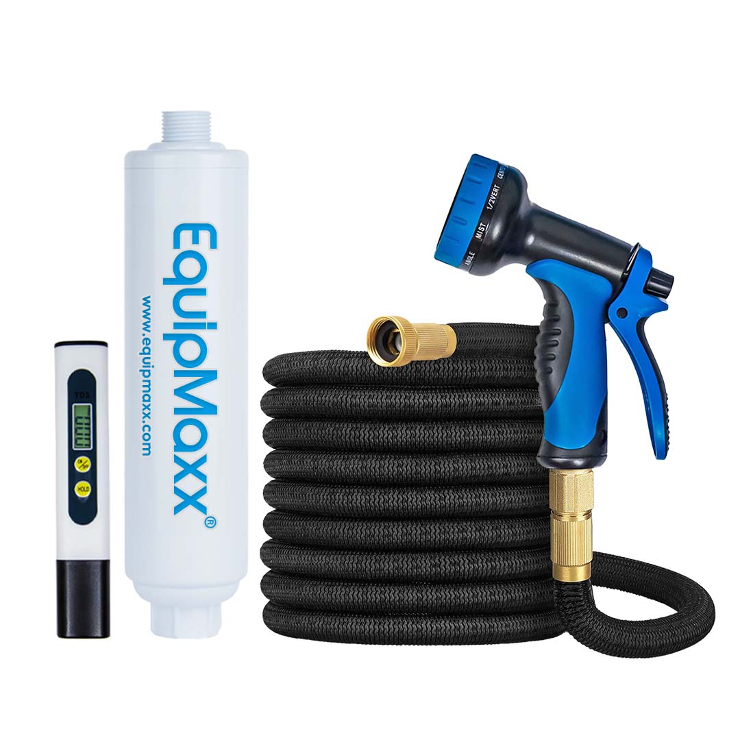 10-pattern adjustable spray gun with an expandable black hose, inline water filter, and digital TDS meter.