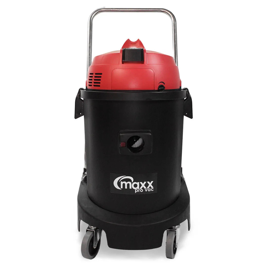 Direct front view of Maxx Pro Vac 1400W commercial wet/dry vacuum highlighting the black tank and caster wheels