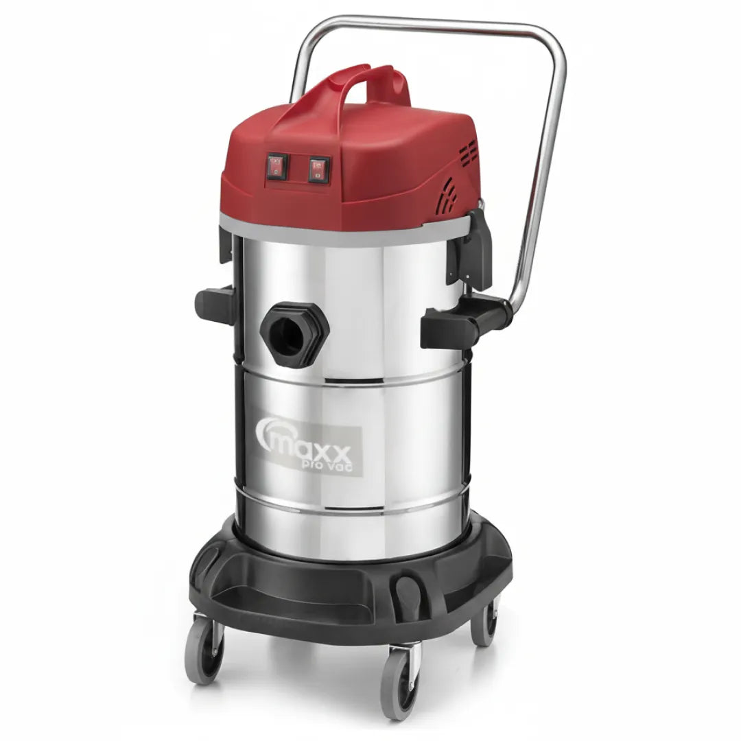 Maxx Pro Vac Stainless Steel 2400W 14.5 Gallon Commercial Wet/Dry Vacuum on wheels with stainless steel canister and handle