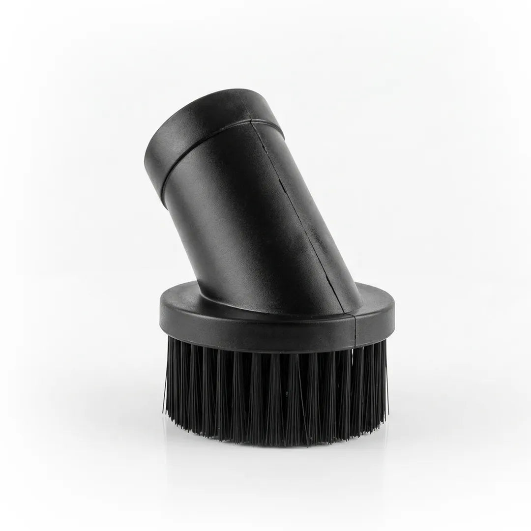 Side profile of a black maxx pro vac accessory round brush showing its angled neck and bristles.