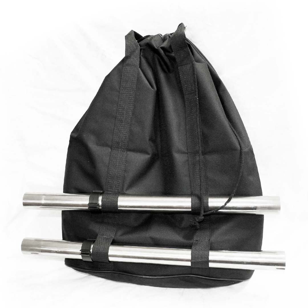 Back view of the black carry bag featuring two stainless steel extension pipes secured in the strap wand holder slot.