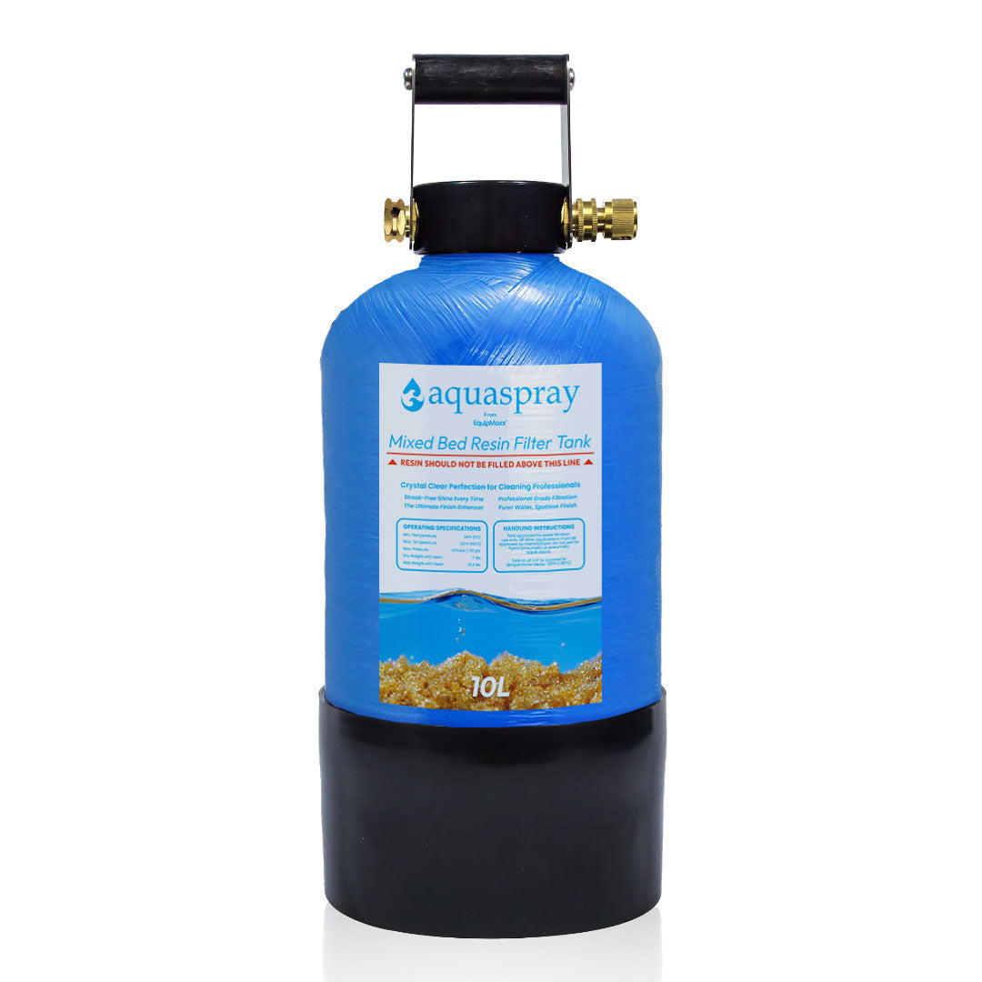 Front view of the blue AquaSpray 3 gallon resin filter tank with brass fittings, blue label, and black carrying handle.