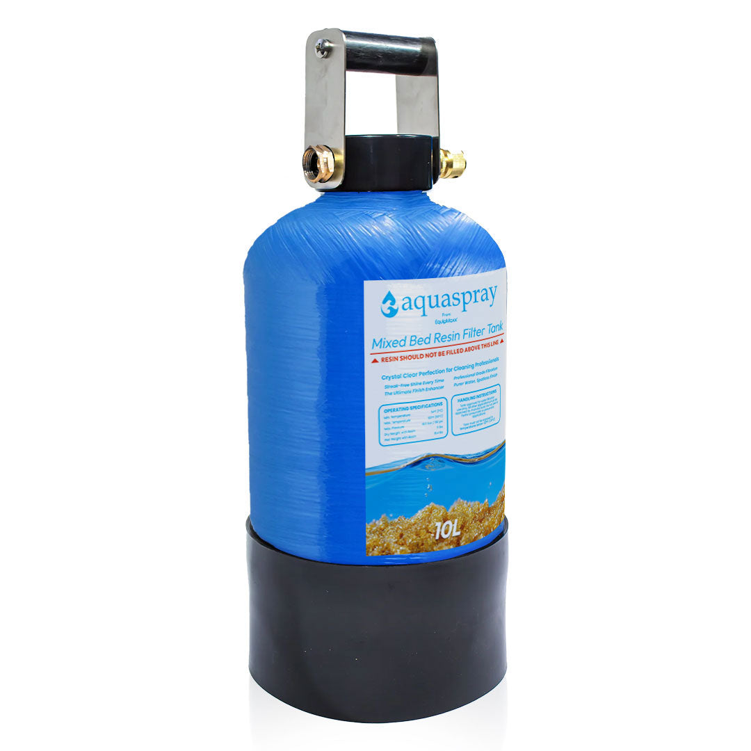 Side view of AquaSpray 3-gallon mixed bed resin filter tank with blue chamber, black base, and brass fittings.
