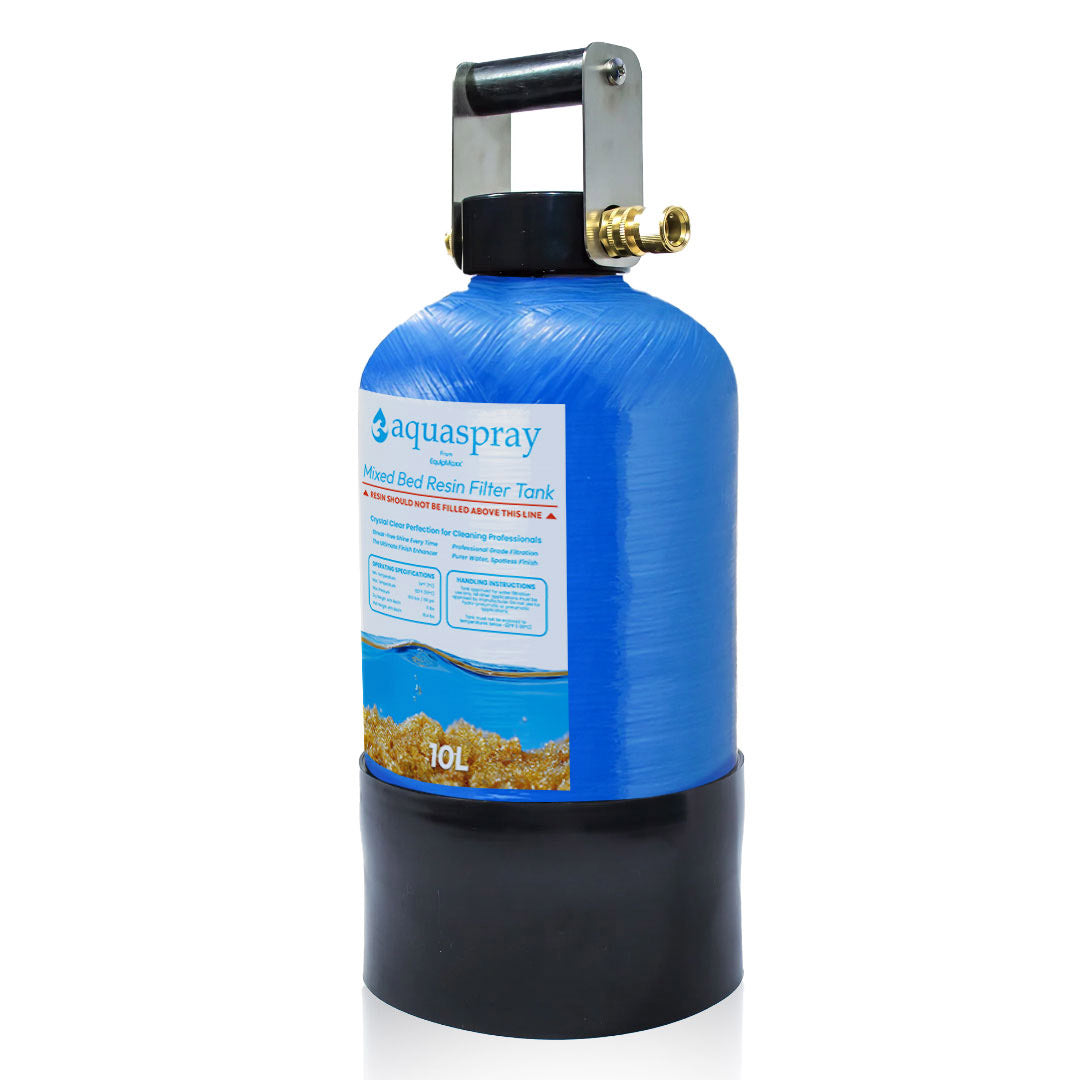 Side profile of AquaSpray 10L mixed bed resin filter tank with a blue tank body, black base, top handle, and brass fittings.