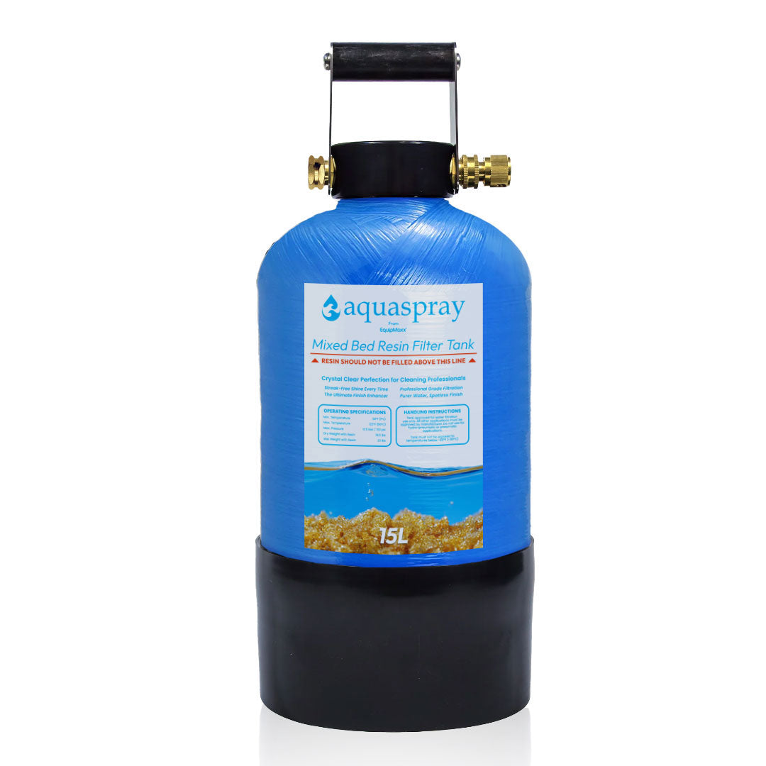 Front view of the blue 4 gallon AquaSpray resin filter tank with brass fittings, blue label, and black carrying handle.