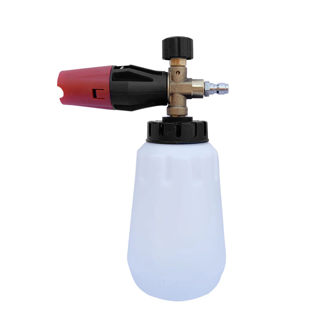 Red and black snow foam lance with white bottle and 1/4-inch QC inlet for car pressure washing.