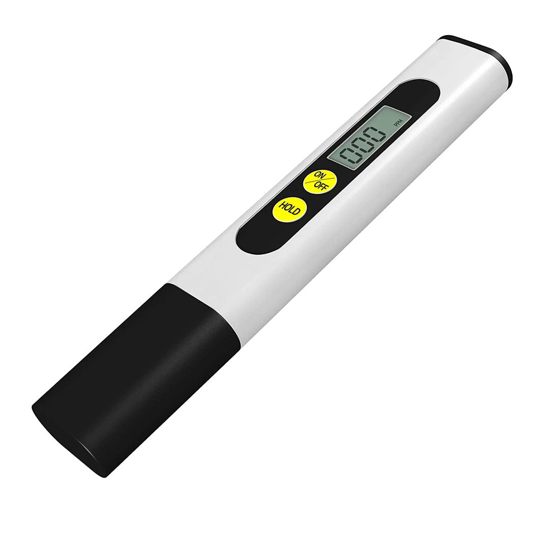 Close-up of a TDS meter with a digital LCD screen, yellow power and hold buttons, on a sleek white and black body.