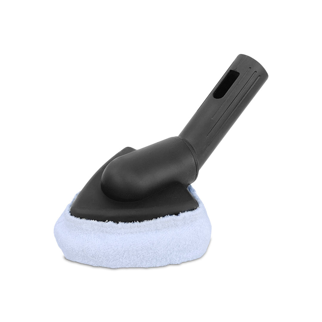 Aqua Pro Steamer's triangle steam cleaning brush attachment fitted with a white fleece cloth pad.