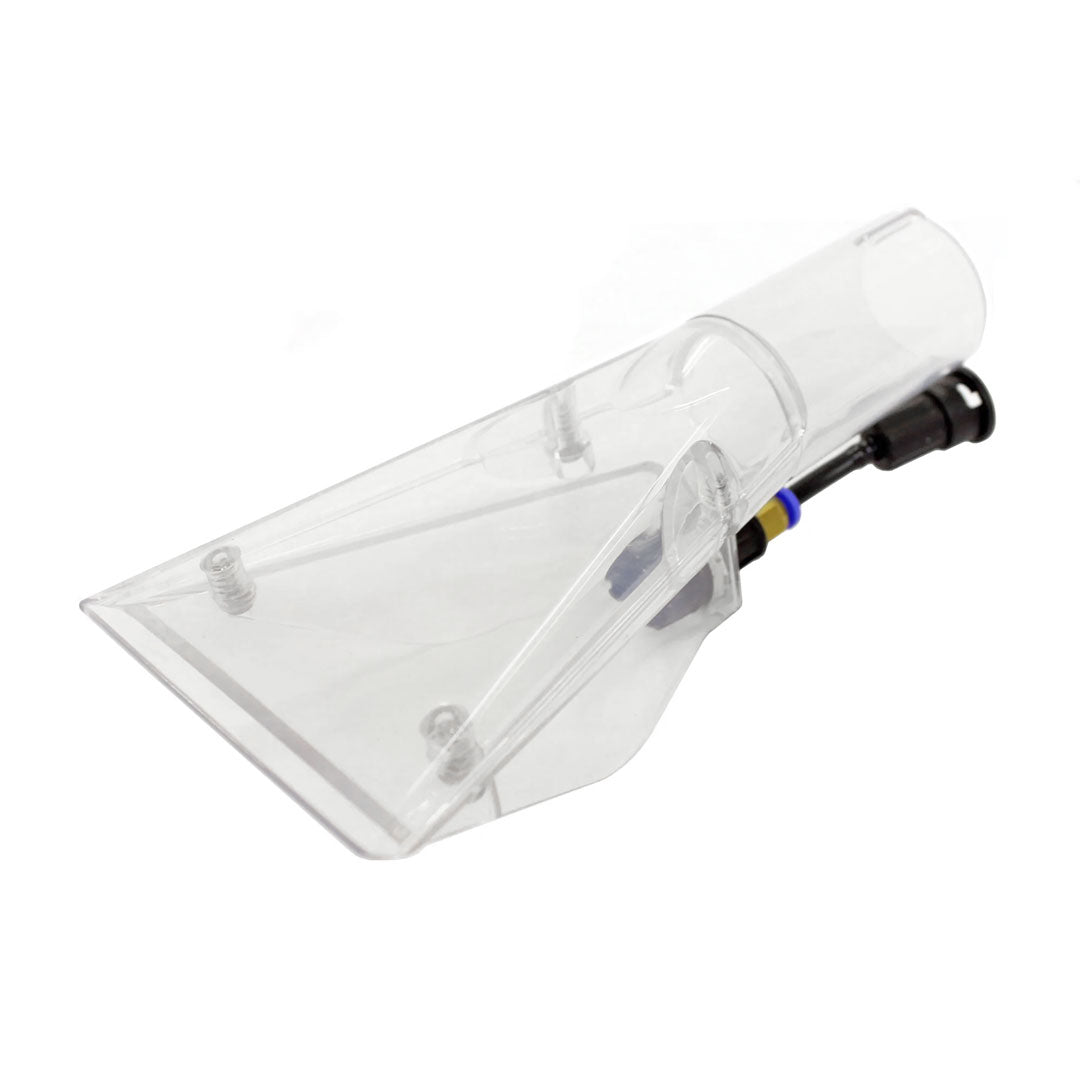 Close-up angled view of the clear plastic upholstery cleaning nozzle head with visible screws.