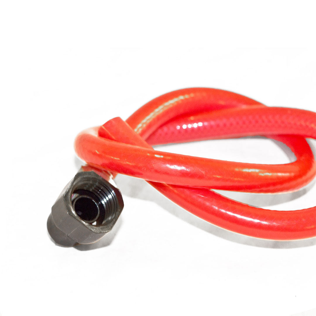 Close-up of Aqua Pro Vac water pump replacement hose showing the black connector and durable red tubing.