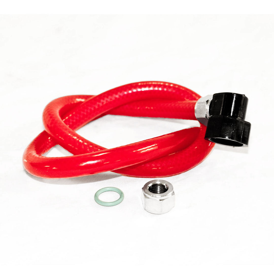 Front view of Aqua Pro Vac water pump replacement hose with red tubing, black connector, and additional fittings.