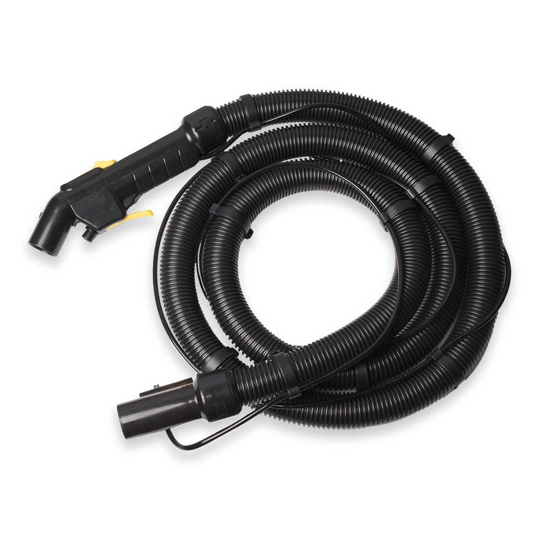 Aqua Pro Vac long vacuum hose with flexible black ribbed design and trigger handle.