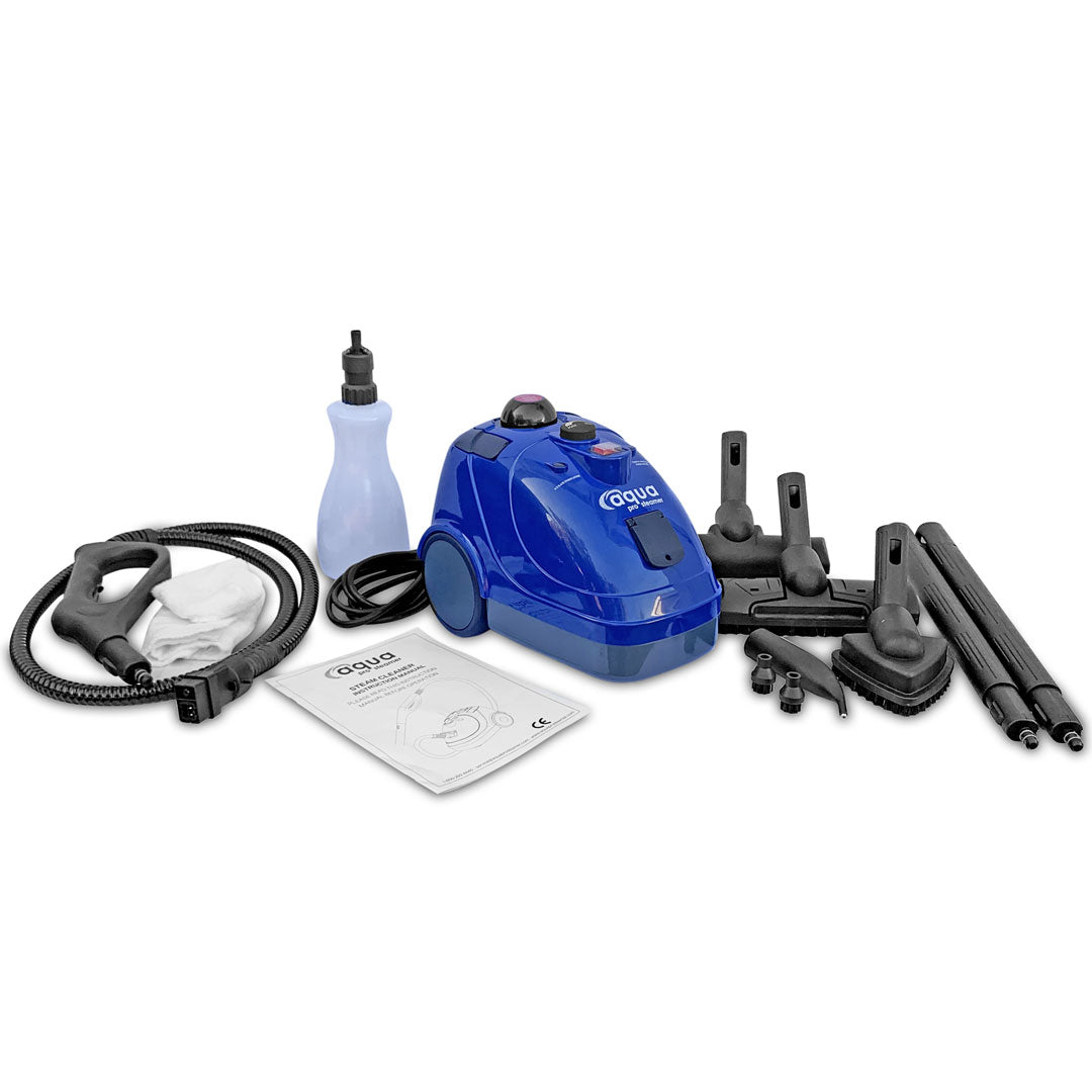 Aqua Pro Steamer complete set featuring the main steamer unit, nozzles, cloth, water bottle, extension wands and user guide.