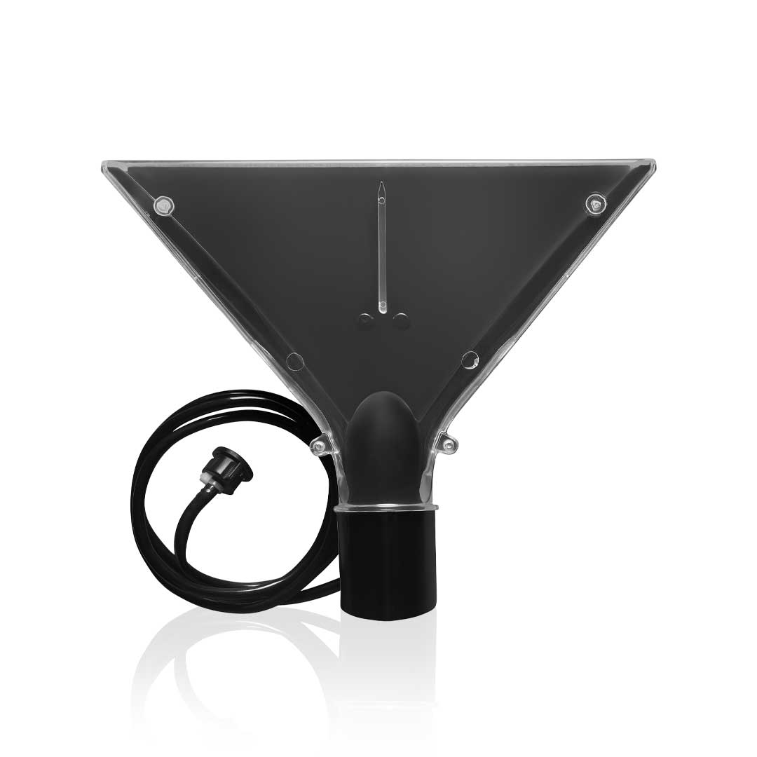 Black wide triangular carpet nozzle with a black handle and connecting water hose.