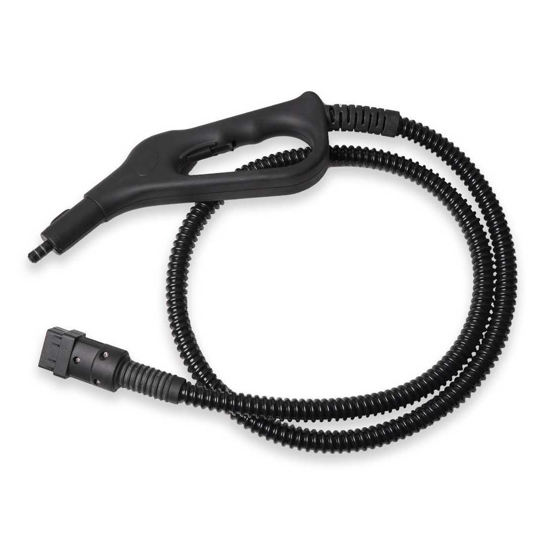 Detailed view showing the Aqua Pro Steamers black flexible hose and ergonomic trigger gun.