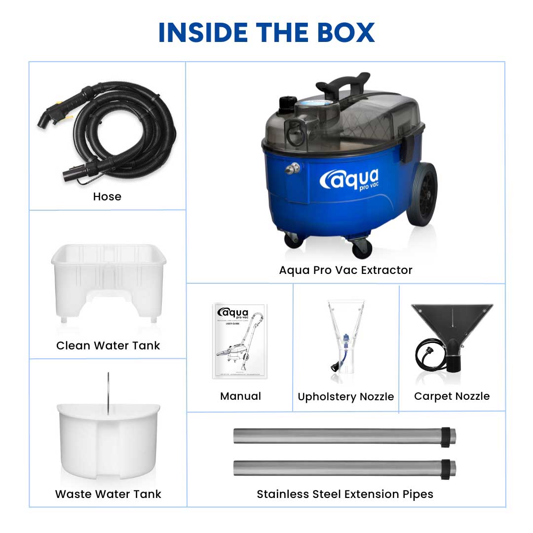 Inside the Box: Includes Aqua Pro Vac extractor machine, hose, two water tanks, two nozzles, extension pipes, and a manual.