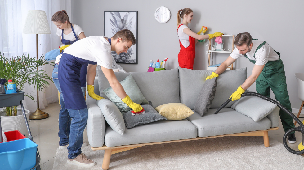 Team of professional cleaners removing stains from a sofa in a modern living room, ideal for VRBO and Airbnb owners seeking cleaning tips