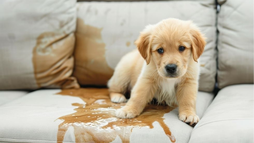 puppy sitting on a stained couch with spilled liquid, looking guilty. Pet stain cleanup and odor removal solution