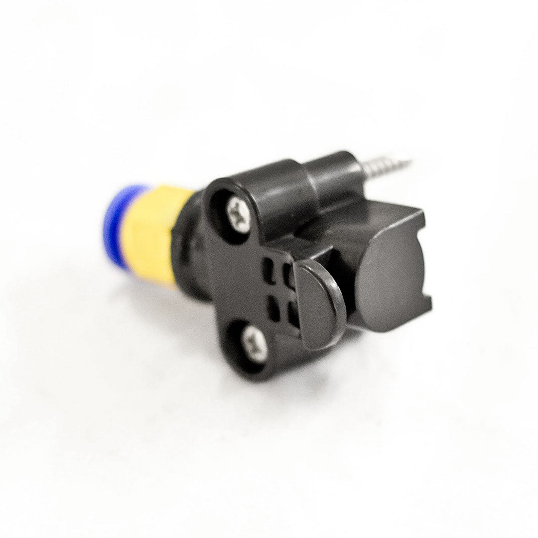 Side view of Aqua Pro Vac spray valve with black plastic body, attachment screws, and brass fitting.