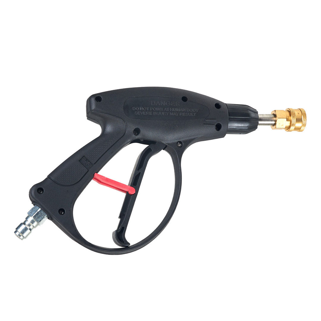 Reverse side of a high-pressure washer gun with safety warning, ergonomic handle, brass valve, and stainless steel tube.