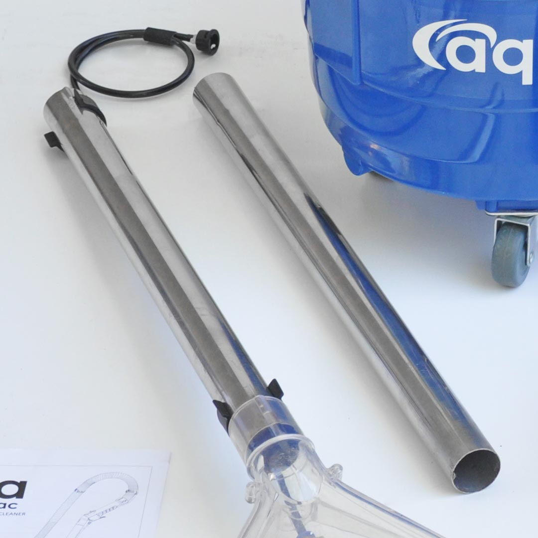 Angled view of stainless extension pipes with the Aqua Pro Vac, transparent nozzle, and hose attachment.