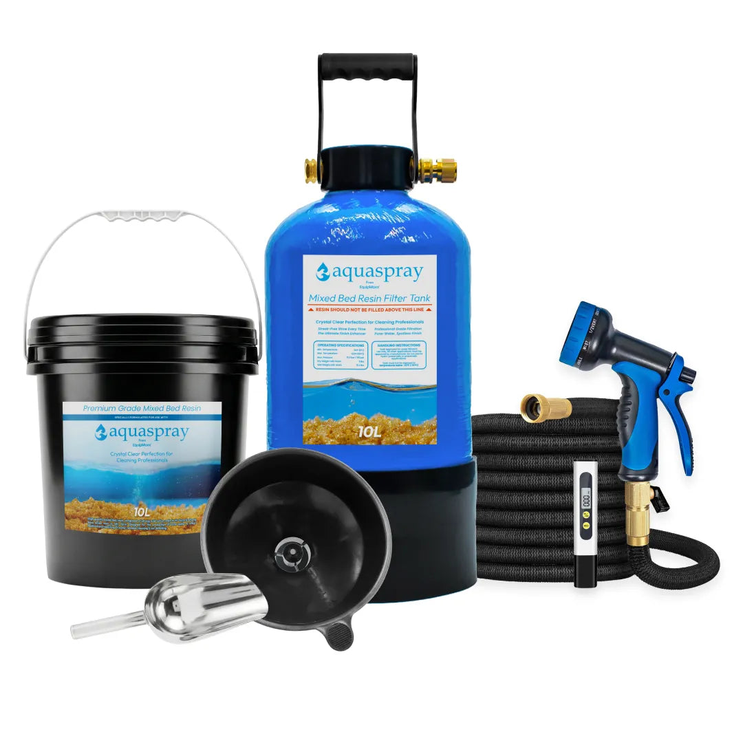 Blue Aquaspray 10L Mixed Bed Resin Filter Tank and Resin Bucket in Black – Includes a funnel and metal scoop.