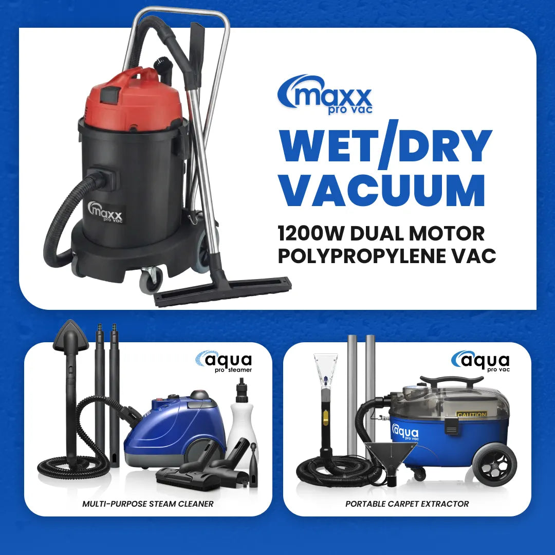 Maxx Pro Vac 1200w polypropylene commercial wet dry vacuum bundled with Aqua Pro Steamer and Aqua Pro Vac extractor.