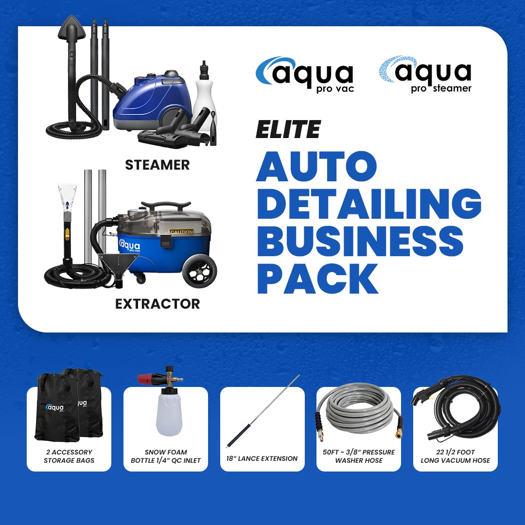 Elite business pack with steamer, extractor, foam bottle, lance, pressure washing hose, and long vacuum hose by Aqua Pro Vac.
